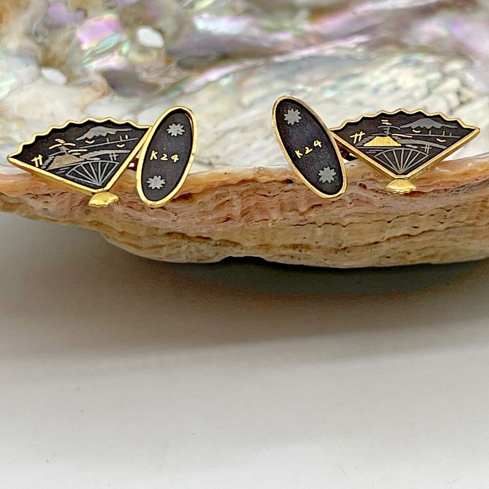 Vintage Fan Shaped Japan Damascene Mt Fuji Chain Link Cufflinks K24 Gold Tone